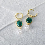 925 Silver Malachite Pearl Pendant Dangle Earrings Women Fine Jewelry