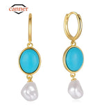 925 Silver Malachite Pearl Pendant Dangle Earrings Women Fine Jewelry