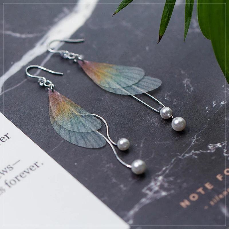 925 Silver Colorful Wings Geometric Pearl Earring for Women