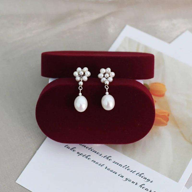 Freshwater Pearl Earrings 925 Silver Braided Flowers Long Women