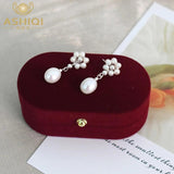 Freshwater Pearl Earrings 925 Silver Braided Flowers Long Women