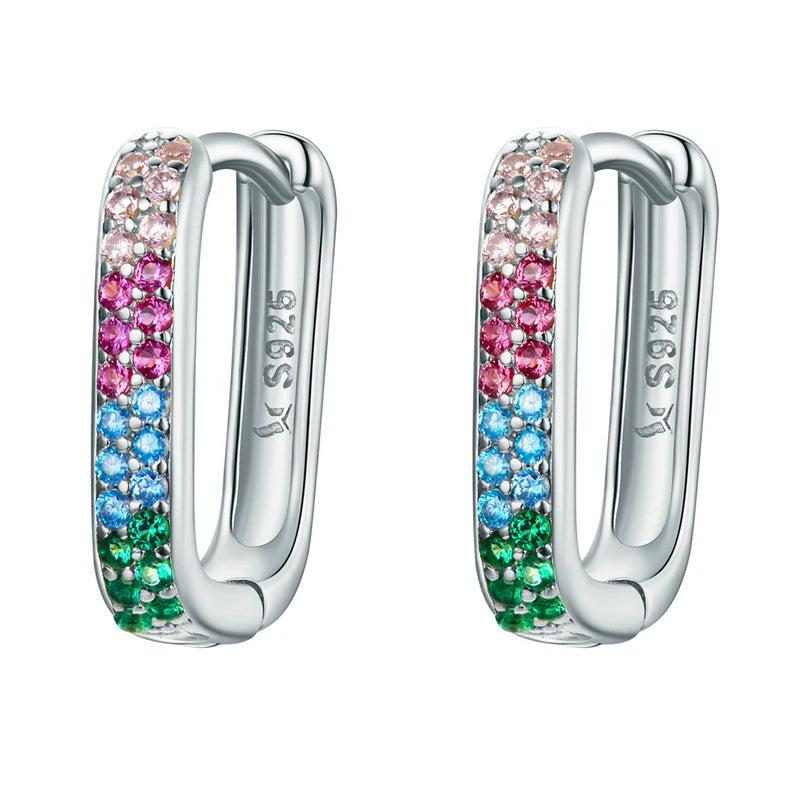 925 Silver Colorful Zircon Square Hoop Earrings Gift CQE1218