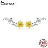 Sunflower Long Stud Earrings 925 Sterling Silver Daisy Flower Branch Jewelry
