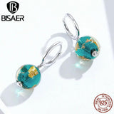 925 Silver Green Glaze Stud Earrings Platinum Plated Women Fine Jewelry