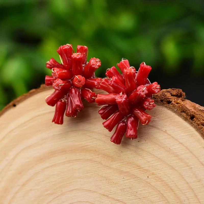 Red Sea Bamboo Coral 925 Silver Stud Earrings for Women GE0661