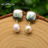 Baroque Pearl Green Glass Stud Earrings Women Bridal Wedding Gift GE0767D