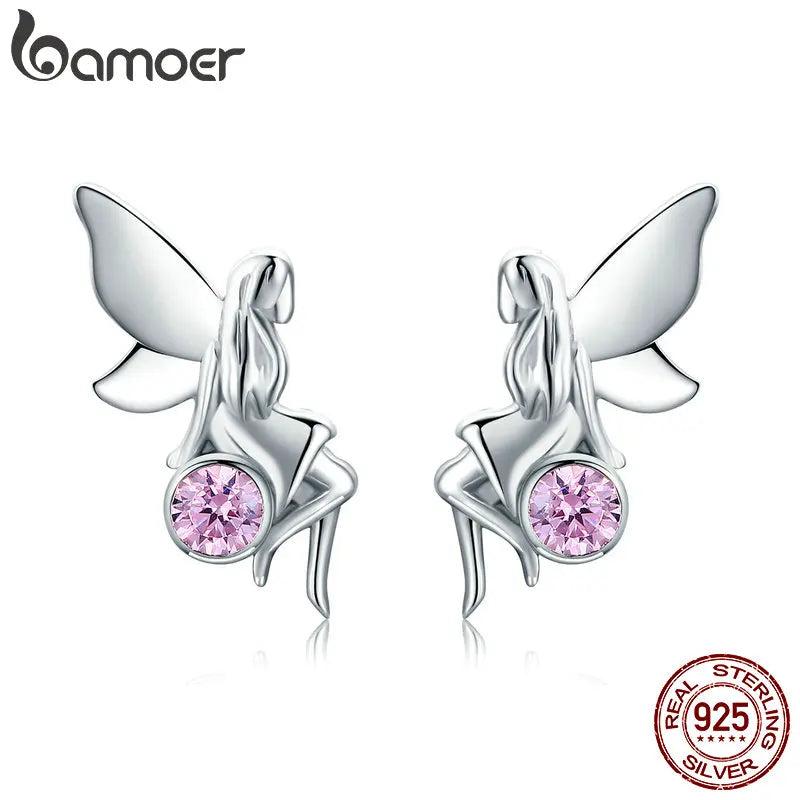 925 Silver Flower Fairy Pink CZ Stud Earrings Women Jewelry Gift SCE395