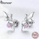 925 Silver Flower Fairy Pink CZ Stud Earrings Women Jewelry Gift SCE395