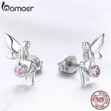 925 Silver Flower Fairy Pink CZ Stud Earrings Women Jewelry Gift SCE395