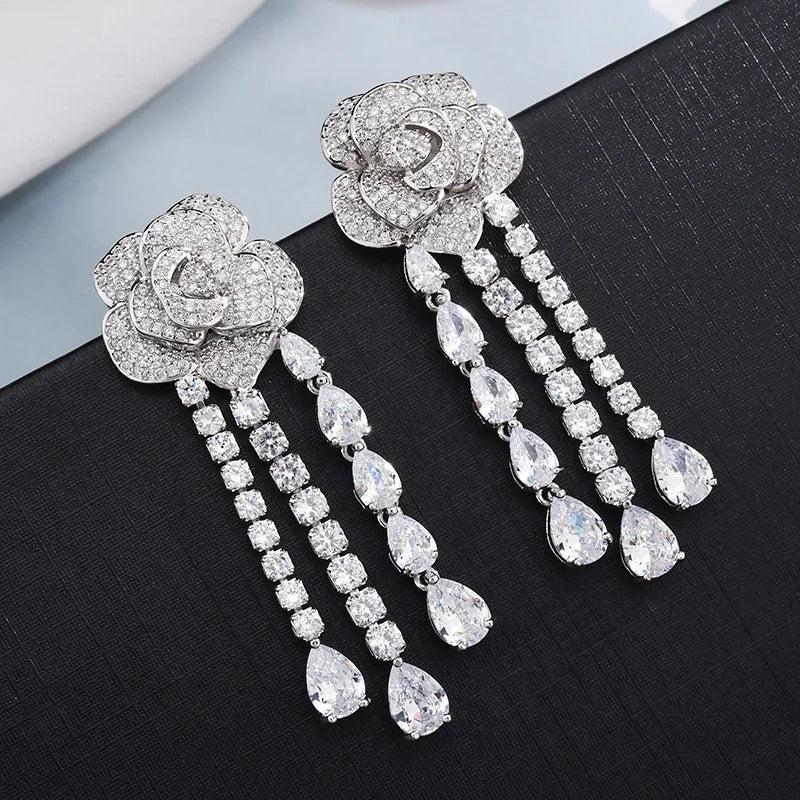 Dangle Earrings Flower Water Drop CZ Silver Earrings For women Wedding Jewelry