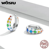 925 Silver Rainbow Chequered Stud Earrings Women Party Jewelry CQE1351