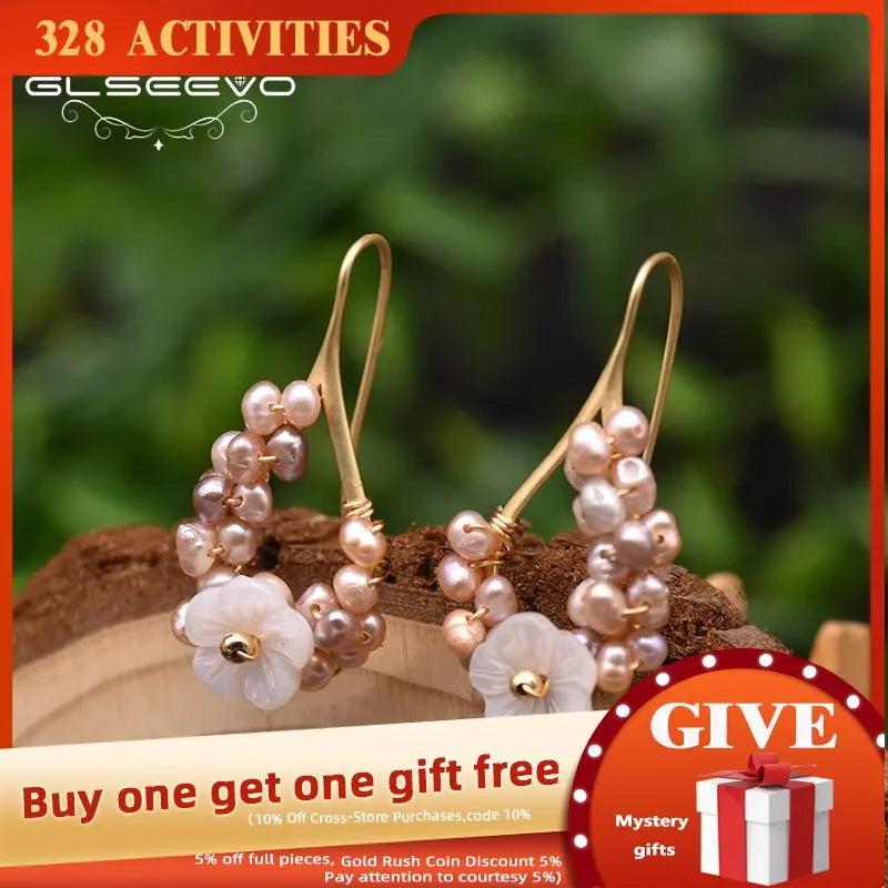Purple Pearl Drop Earrings Floral Jewelry GE0987