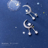 Moon & Stars Swing Zircon Stud Earrings 925 Silver Romantic Earring For Women