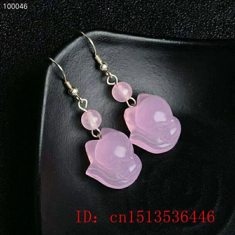 925 Silver Pink Agate Jade Fox Beads Earrings DIY Handmade Women Jewelry