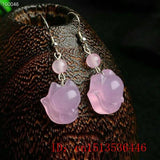 925 Silver Pink Agate Jade Fox Beads Earrings DIY Handmade Women Jewelry
