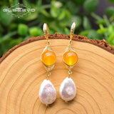 Fresh Water Baroque Pearls Dangle Hook Earrings Yellow Jade Jewelry GE0923B