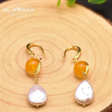Fresh Water Baroque Pearls Dangle Hook Earrings Yellow Jade Jewelry GE0923B