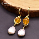 Fresh Water Baroque Pearls Dangle Hook Earrings Yellow Jade Jewelry GE0923B