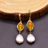 Fresh Water Baroque Pearls Dangle Hook Earrings Yellow Jade Jewelry GE0923B