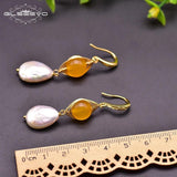 Fresh Water Baroque Pearls Dangle Hook Earrings Yellow Jade Jewelry GE0923B