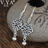 925 Silver Chinese Knot Drop Earrings Women Retro Jewelry