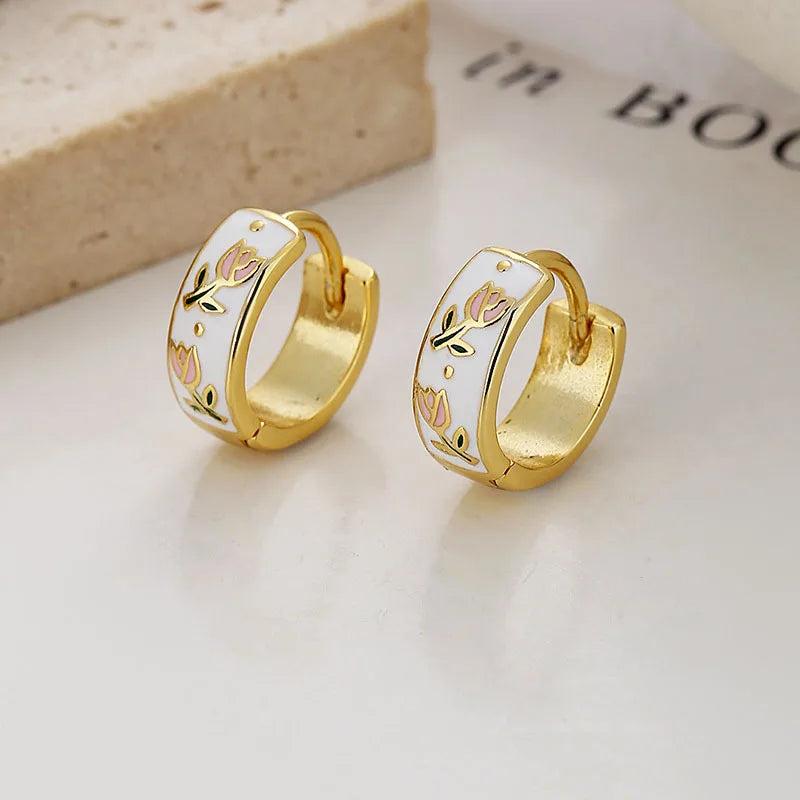 925 Silver Enamel Tulips 18K Hoop Earrings Women Party Jewelry