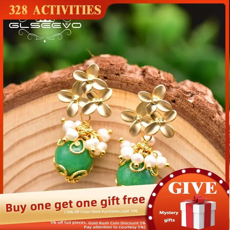 Green Jade Drop Silver Earrings Fresh Water Pearl Jewelry GE0931A