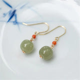 Hetian Jade Bead Pendant Drop Earrings Red Agate Ear Hook Women Charm Jewelry
