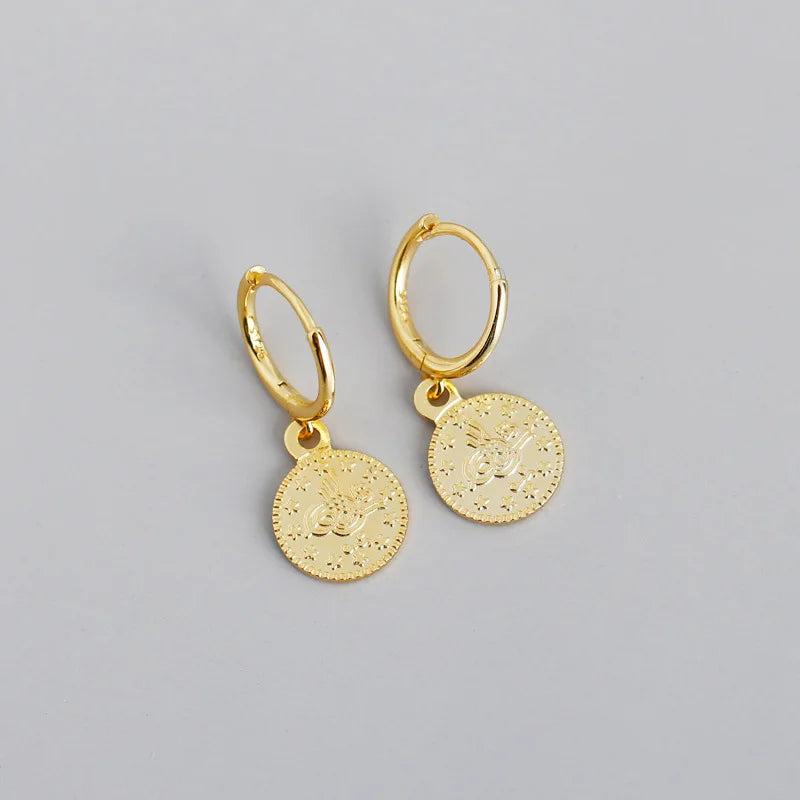 Vintage 925 Sterling Silver Coin Drop Earrings for Women Punk Fine Jewelry