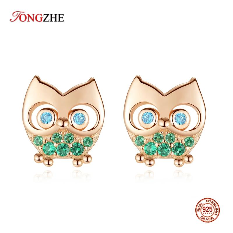 Owl Stud Earrings 925 Sterling Silver Green CZ Stone Animal Women Rose Jewelry