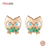 Owl Stud Earrings 925 Sterling Silver Green CZ Stone Animal Women Rose Jewelry