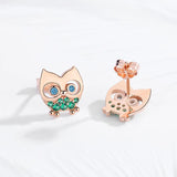 Owl Stud Earrings 925 Sterling Silver Green CZ Stone Animal Women Rose Jewelry
