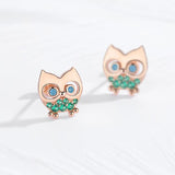 Owl Stud Earrings 925 Sterling Silver Green CZ Stone Animal Women Rose Jewelry