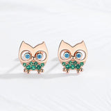 Owl Stud Earrings 925 Sterling Silver Green CZ Stone Animal Women Rose Jewelry