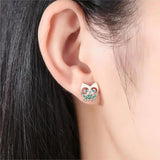 Owl Stud Earrings 925 Sterling Silver Green CZ Stone Animal Women Rose Jewelry