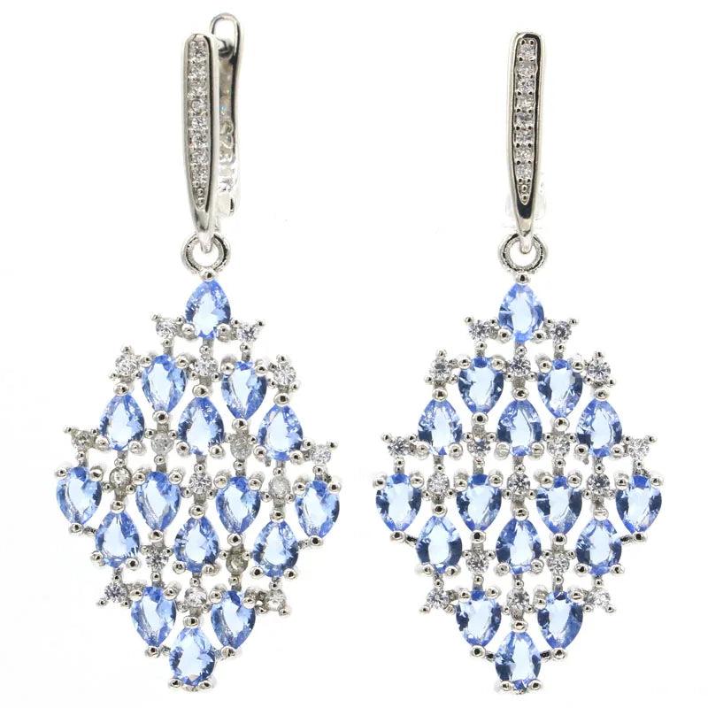 Gorgeous Long Tanzanite Tourmaline CZ Women Engagement Silver Earrings