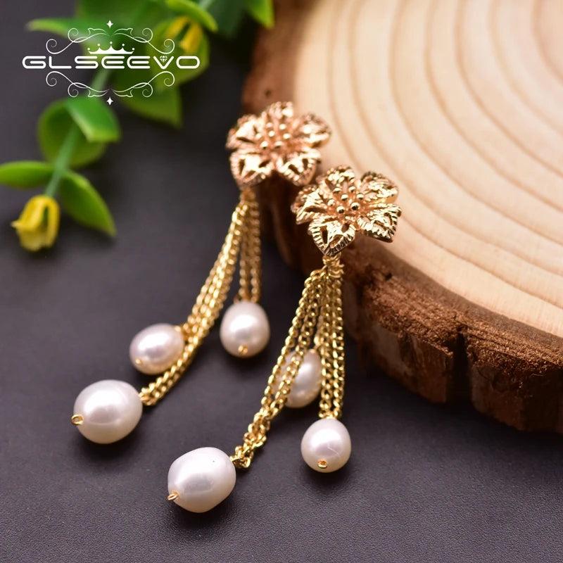Fresh Water Pearls Flower Tassel Dangle Earrings Silver Vintage Jewellery