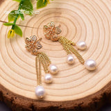 Fresh Water Pearls Flower Tassel Dangle Earrings Silver Vintage Jewellery