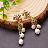 Fresh Water Pearls Flower Tassel Dangle Earrings Silver Vintage Jewellery