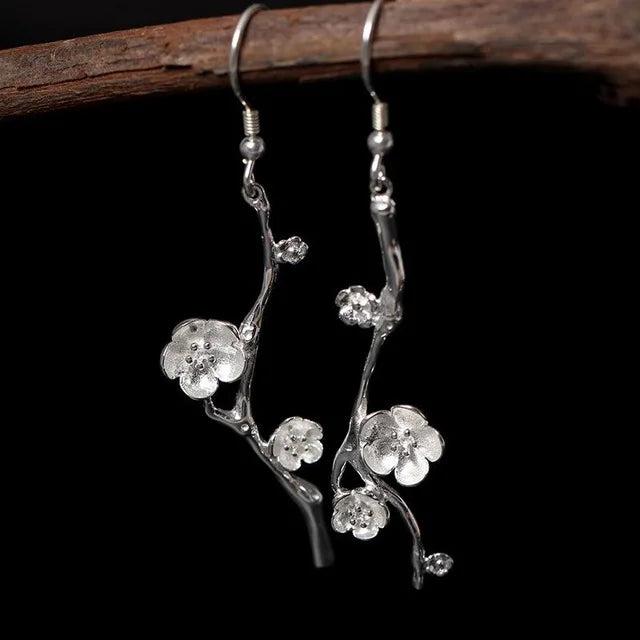 925 Silver Asymmetri Plum Flower Drop Earrings Vintage Lady Prevent Allergy