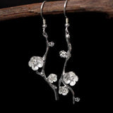 925 Silver Asymmetri Plum Flower Drop Earrings Vintage Lady Prevent Allergy