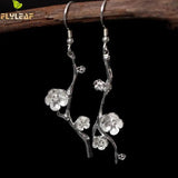 925 Silver Asymmetri Plum Flower Drop Earrings Vintage Lady Prevent Allergy