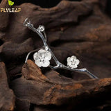 925 Silver Asymmetri Plum Flower Drop Earrings Vintage Lady Prevent Allergy