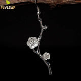 925 Silver Asymmetri Plum Flower Drop Earrings Vintage Lady Prevent Allergy