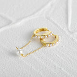 925 Silver Double Circle Hoop Earrings Pearl Pave Setting