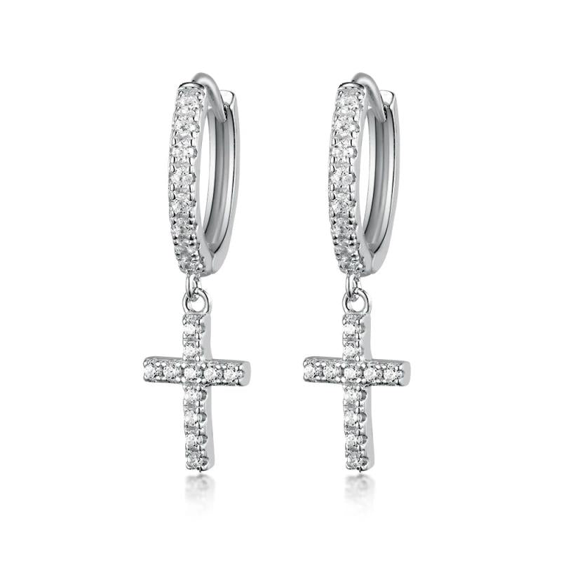 925 Silver Hoop Earrings Cross Moon Zircon Fine Ear Jewelry