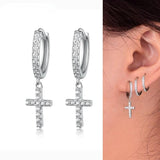 925 Silver Hoop Earrings Cross Moon Zircon Fine Ear Jewelry