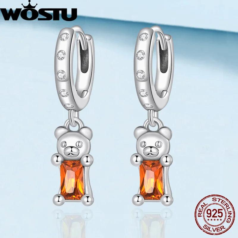 925 Silver Red CZ Hoop Earrings Bear Ear Buckles Girl Lovely Party Jewelry Gift