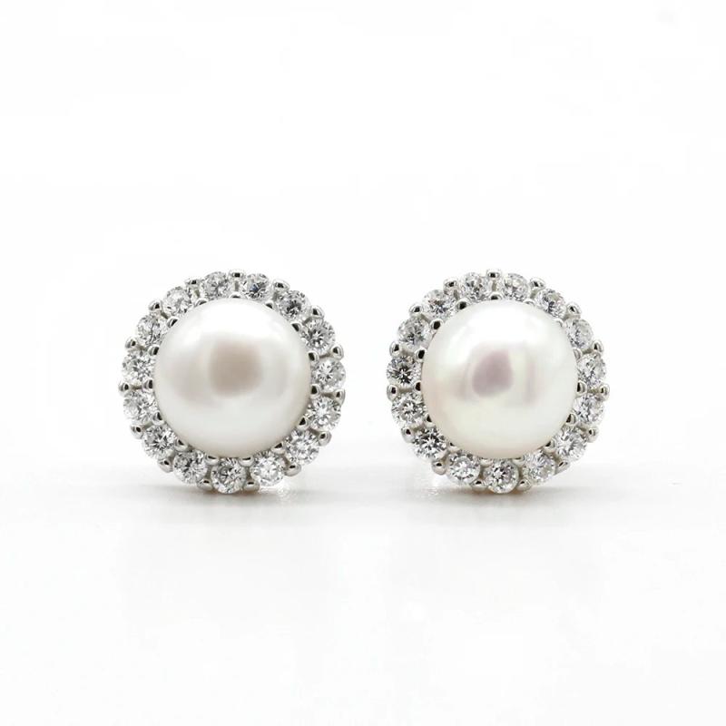 925 Silver Freshwater Pearl Stud Earrings Zircon Jewelry for Women