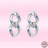 925 Silver Double Ring Chain Ear Studs Earrings Zircon Pendant